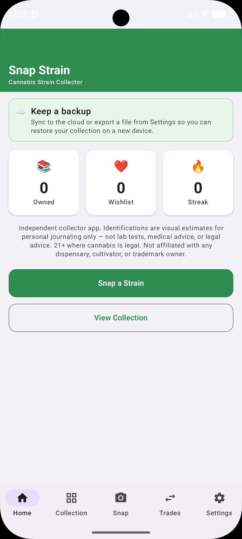 Snap Strain home: owned, wishlist, streak, Snap a Strain and View Collection.