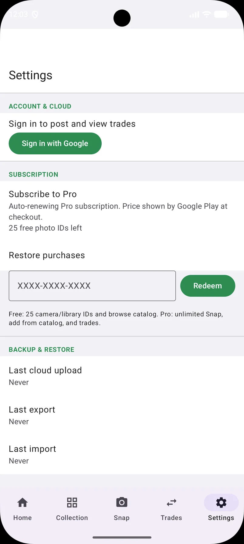 Settings: Google sign-in, Pro subscription, export, import, and cloud backup.